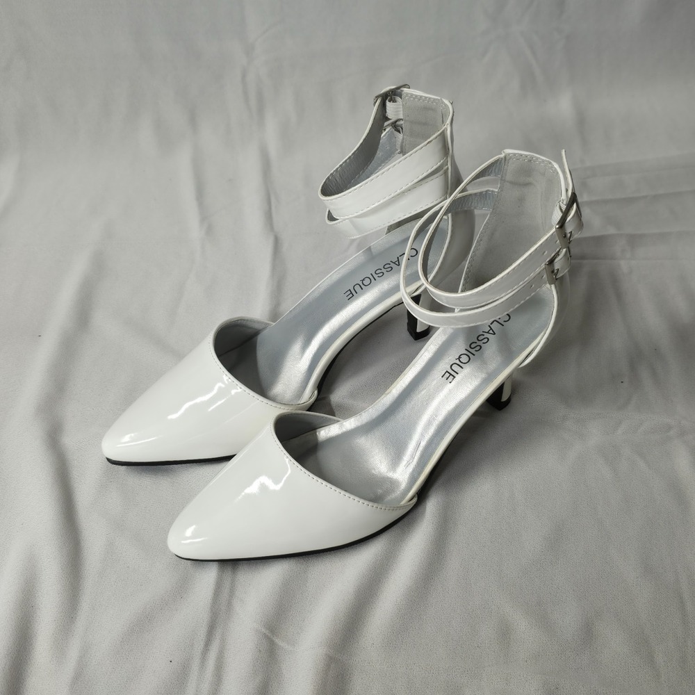 Classique Women's Camlo White Pointed Toe Pumps Double Ankle Strap Size 7.5W New